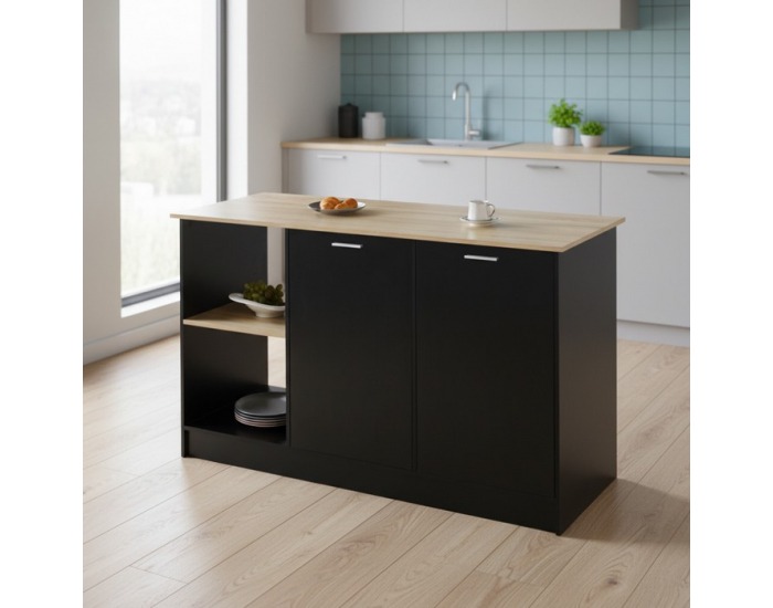 Kuchynský ostrovček Pompej - čierna / dub