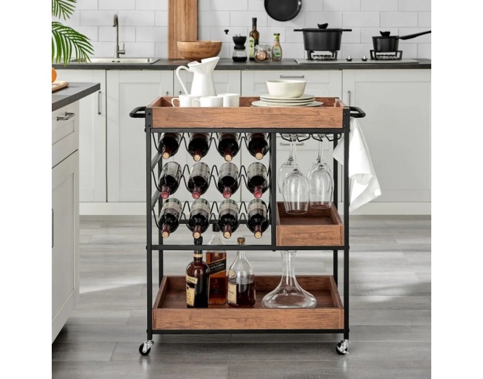 Servírovací stolík na kolieskach Portis - dub tmavý / čierna