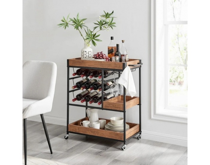 Servírovací stolík na kolieskach Portis - dub tmavý / čierna