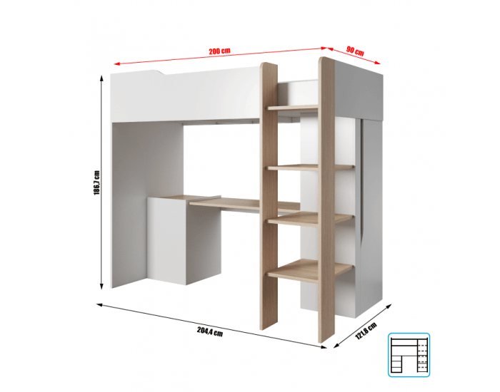 Poschodová posteľ s roštom Luis 90 - biely mat / dub jantár