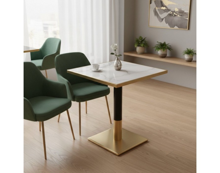 Jedálenský bistro stôl Preston 70x70 cm - biely mramor / čierna / zlatá