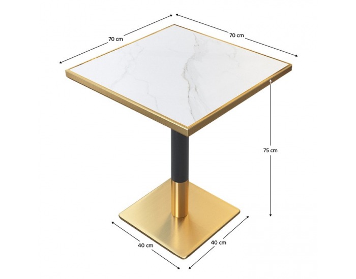 Jedálenský bistro stôl Preston 70x70 cm - biely mramor / čierna / zlatá