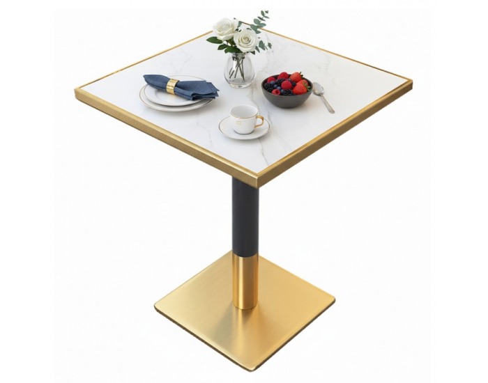 Jedálenský bistro stôl Preston 70x70 cm - biely mramor / čierna / zlatá