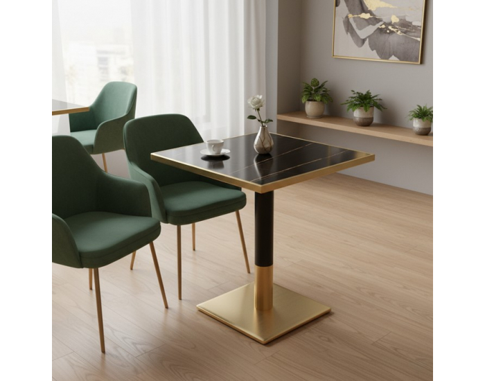 Jedálenský bistro stôl Preston 70x70 cm - čierny mramor / čierna / zlatá