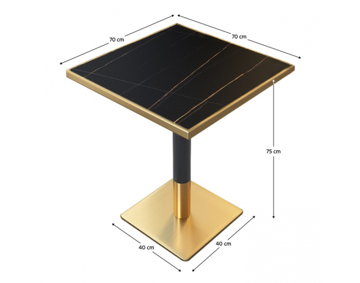 Jedálenský bistro stôl Preston 70x70 cm - čierny mramor / čierna / zlatá