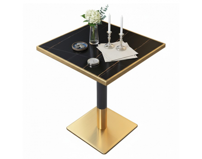 Jedálenský bistro stôl Preston 70x70 cm - čierny mramor / čierna / zlatá