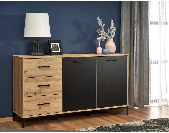 Dvojdverová komoda so zásuvkami Raven KM1 - dub artisan / čierna