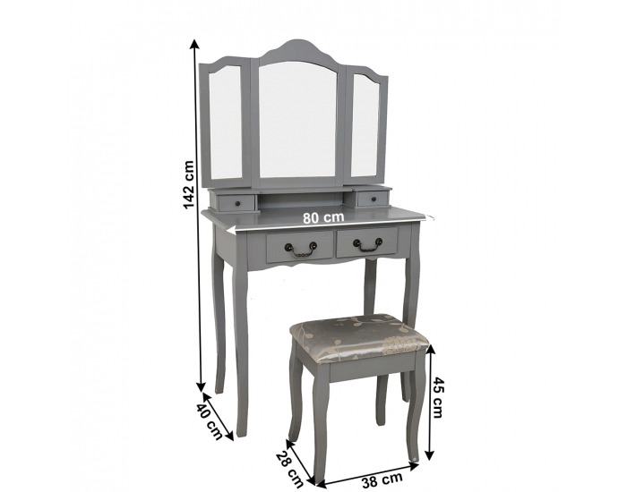 Toaletný stolík s taburetkou Regina New - sivá / strieborná