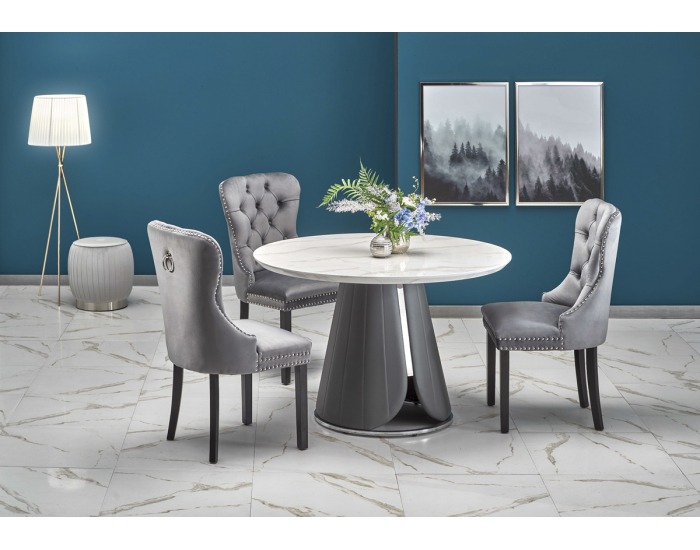 Okrúhly jedálenský stôl Remigio - biely mramor / sivá