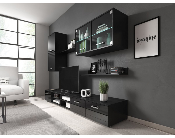 Obývacia stena s osvetlením Klara - čierna / čierny lesk