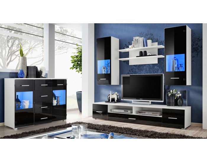 Obývacia stena s osvetlením Reno - biela / čierny lesk