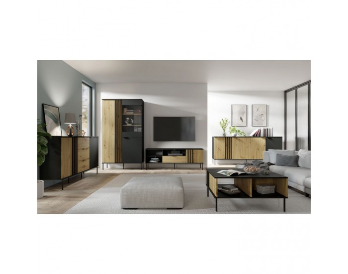 Dvojdverová komoda so zásuvkami Rimina 2D3S - čierna onyx / dub artisan