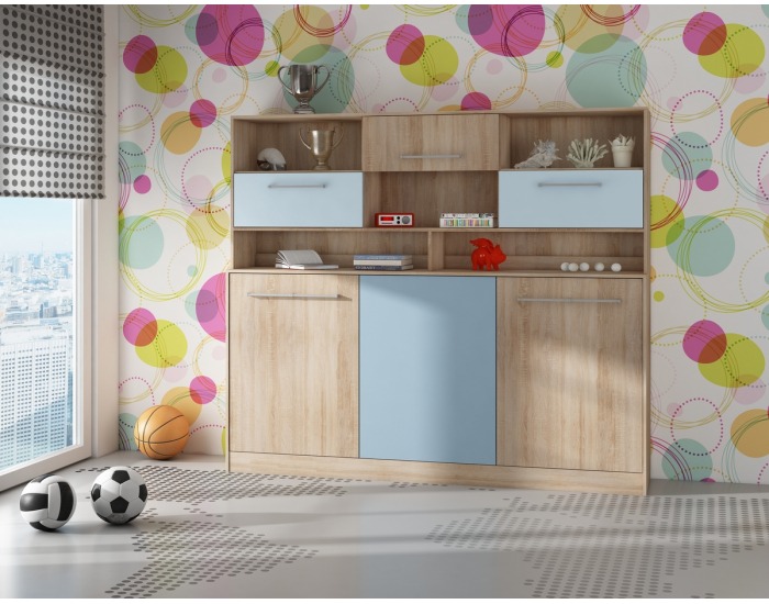 Výklopná posteľ s roštom a nadstavbou Roger 90 - sonoma svetlá / belasá / modrá