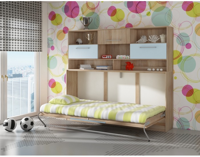 Výklopná posteľ s roštom a nadstavbou Roger 90 - sonoma svetlá / belasá / modrá