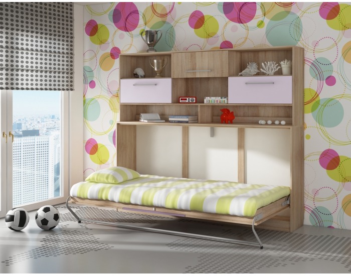 Výklopná posteľ s roštom a nadstavbou Roger 90 - sonoma svetlá / levanduľa / fialová