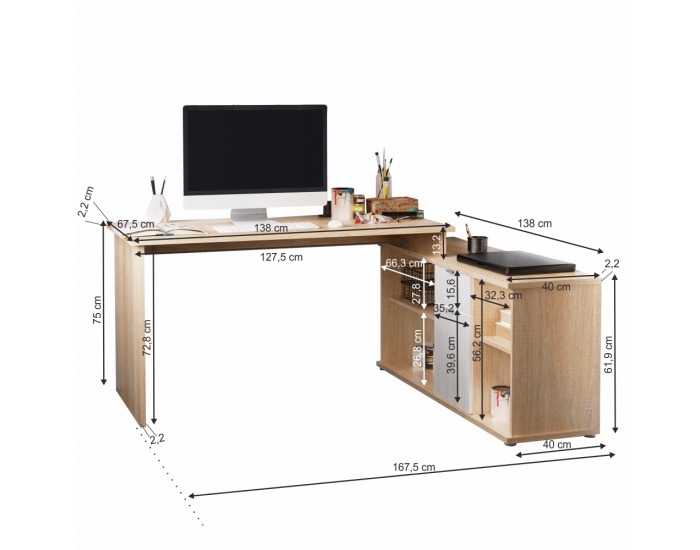 Rohový PC stolík Dalton 2 New L/P - dub sonoma / biela