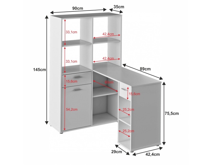 Rohový PC stolík s regálom Mineson - biela