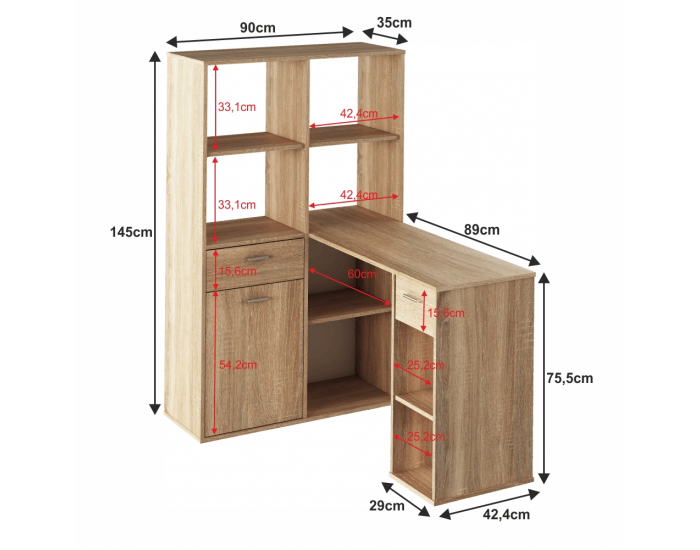 Rohový PC stolík s regálom Mineson - dub sonoma