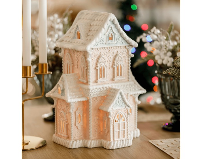 Svietiaci vianočný domček Roska - ružová / modrá / biela