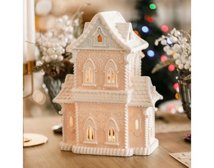 Svietiaci vianočný domček Roska - ružová / modrá / biela
