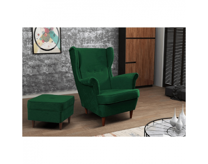 Kreslo (ušiak) Rufino New - tmavozelená / orech