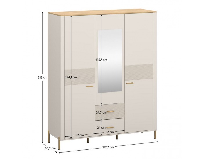 Trojdverová šatníková skriňa so zrkadlom Runol 3D2S - kašmír / dub kamenný