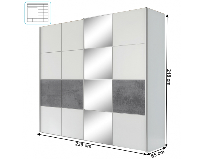 Šatníková skriňa s posuvnými dverami a zrkadlom Puno - biela matná / sivá