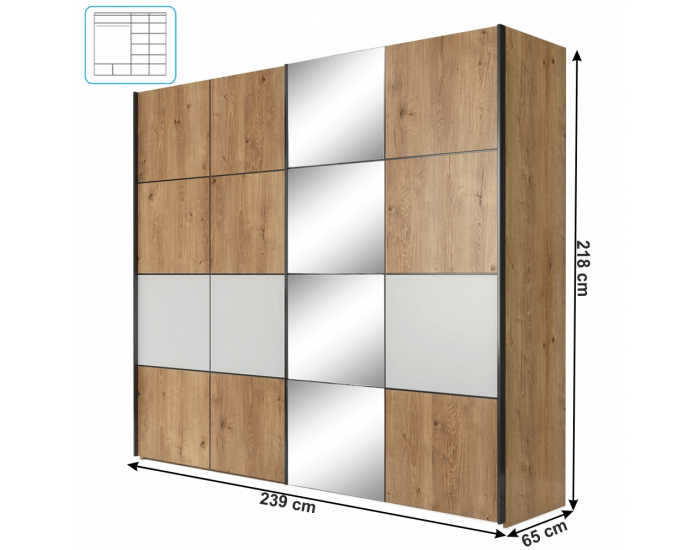 Šatníková skriňa s posuvnými dverami a zrkadlom Puno - dub grandson / biela matná