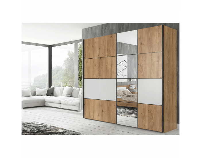 Šatníková skriňa s posuvnými dverami a zrkadlom Puno - dub grandson / biela matná