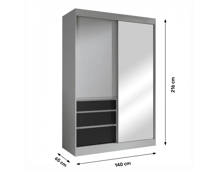 Šatníková skriňa s posuvnými dverami a zrkadlom Romualda 140 - sivá / čierna