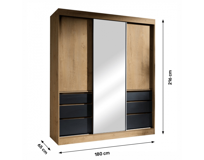 Šatníková skriňa s posuvnými dverami a zrkadlom Romualda 180 - dub lefkas / čierna