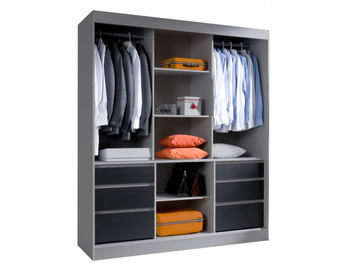 Šatníková skriňa s posuvnými dverami a zrkadlom Romualda 180 - sivá / čierna