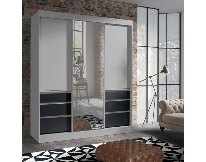 Šatníková skriňa s posuvnými dverami a zrkadlom Romualda 180 - sivá / čierna