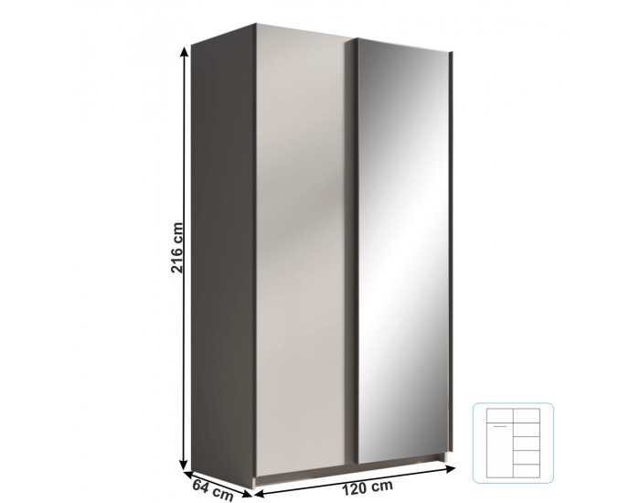Šatníková skriňa s posuvnými dverami a zrkadlom Rozine 120 - sivá