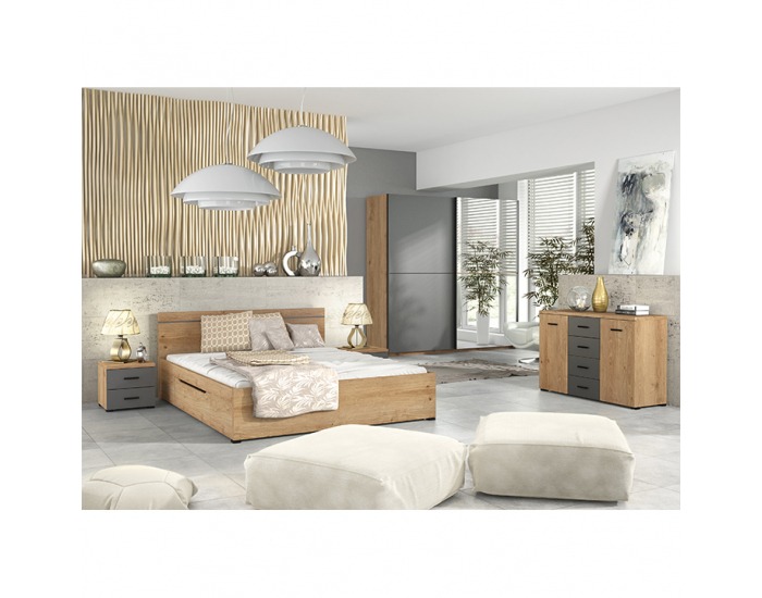 Šatníková skriňa s posuvnými dverami a zrkadlom Utah 2D - dub grandson zlatý / uni sivá