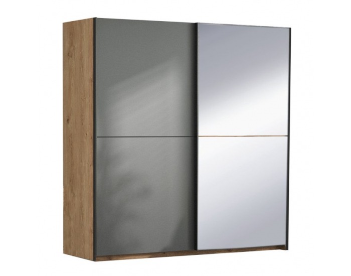 Šatníková skriňa s posuvnými dverami a zrkadlom Utah 2D - dub grandson zlatý / uni sivá