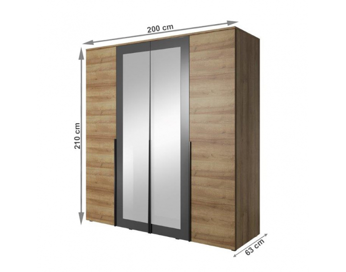 Šatníková skriňa so zrkadlom Manno 4D - dub riviera zlatý / grafit