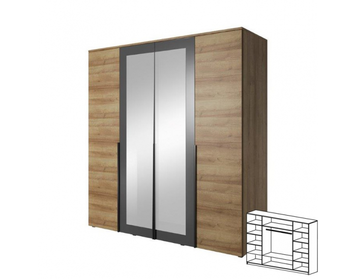 Šatníková skriňa so zrkadlom Manno 4D - dub riviera zlatý / grafit
