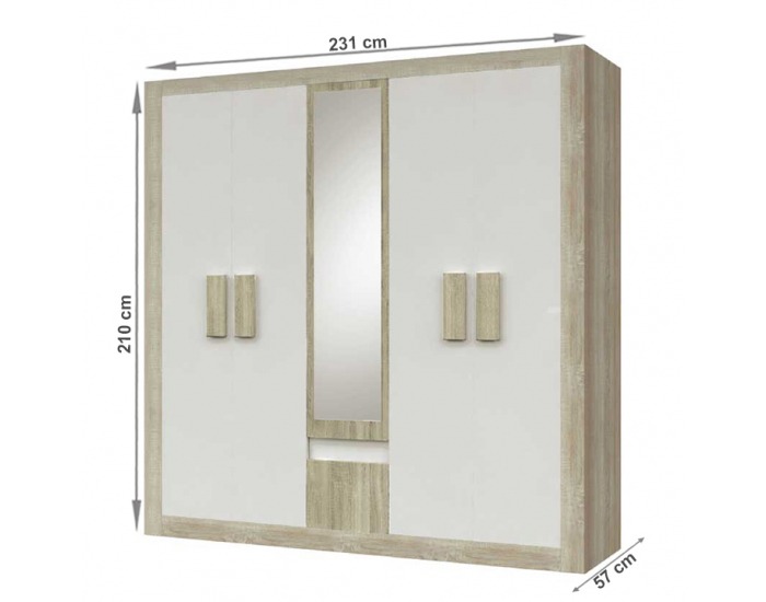 Šatníková skriňa so zrkadlom Mediolan 5D New - dub sonoma / biela
