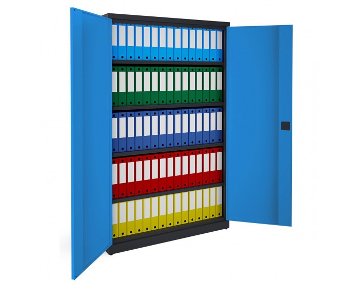 Kovová kancelárska skriňa s dvojkrídlovými dverami SB 1200 - grafit / modrá