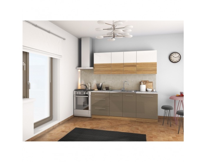 Kuchyňa Sergio 200 - biely lesk / svetlý orech / cobalt sivý lesk