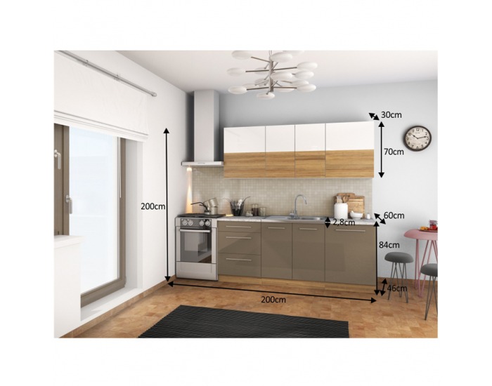 Kuchyňa Sergio 200 - biely lesk / svetlý orech / cobalt sivý lesk