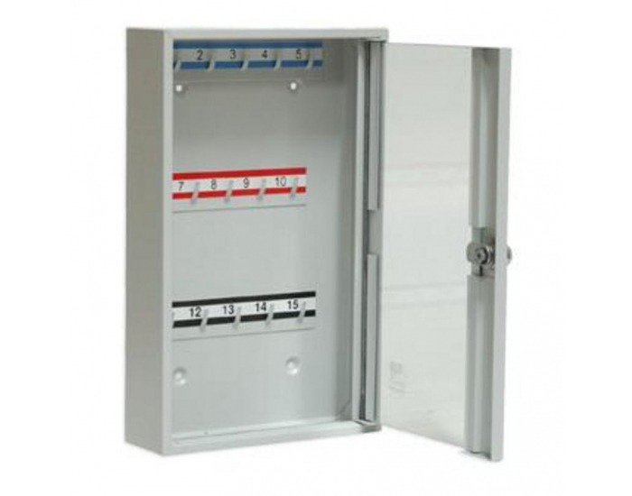 Kovová skrinka na kľúče s presklenými dverami SK15/S - svetlosivá