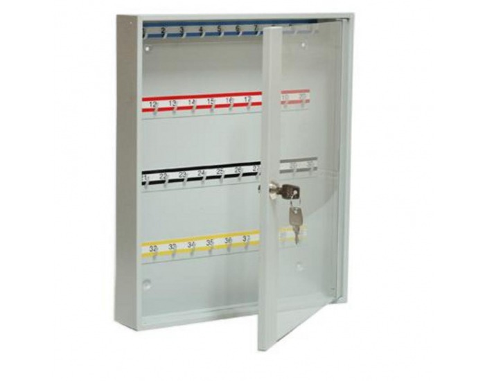 Kovová skrinka na kľúče s presklenými dverami SK40/S - svetlosivá