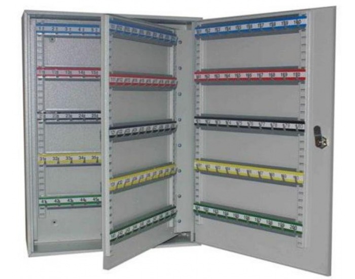 Kovová skrinka na kľúče s pohyblivými háčikmi SKR 200 - svetlosivá