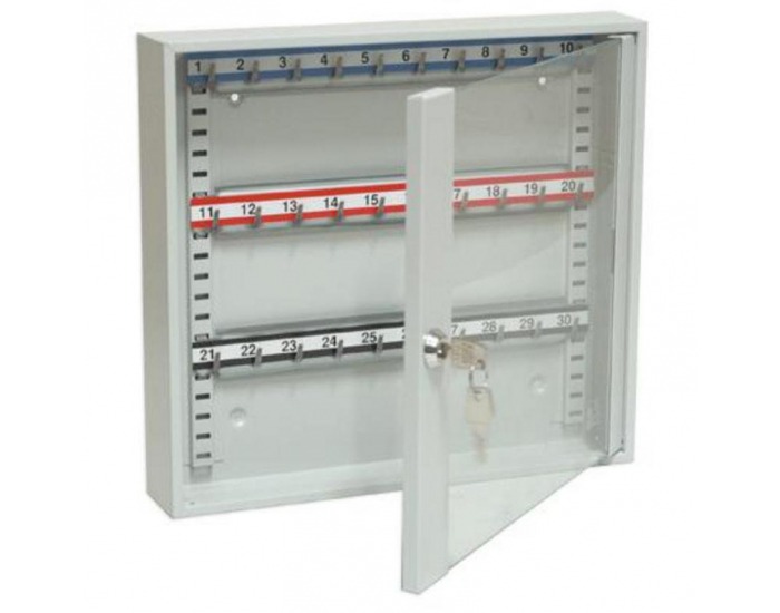 Presklená skrinka na kľúče s pohyblivými háčikmi SKR 30/S - svetlosivá