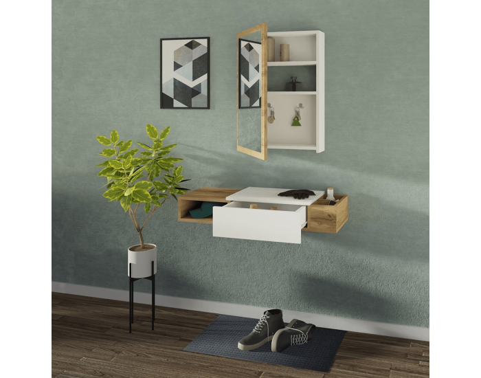 Skrinka na stenu Hilo - biela / dub wotan