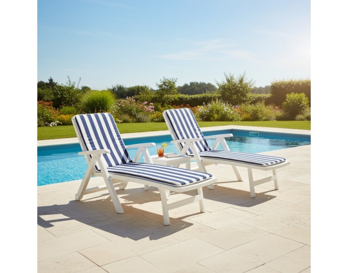 Záhradné lehátko s vankúšom Smerdo 2 - biela / vzor pásik