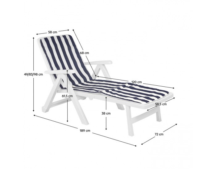 Záhradné lehátko s vankúšom Smerdo 2 - biela / vzor pásik