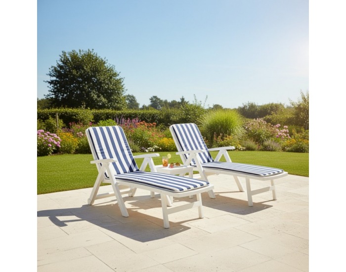 Záhradné lehátko s vankúšom Smerdo 2 - biela / vzor pásik